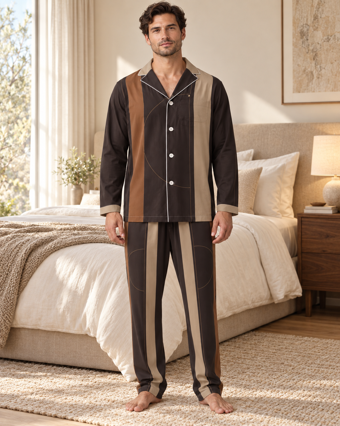 Adult model wearing the Umber Meridian Luxury Pajama Set in a bright bedroom — AI styling illustration