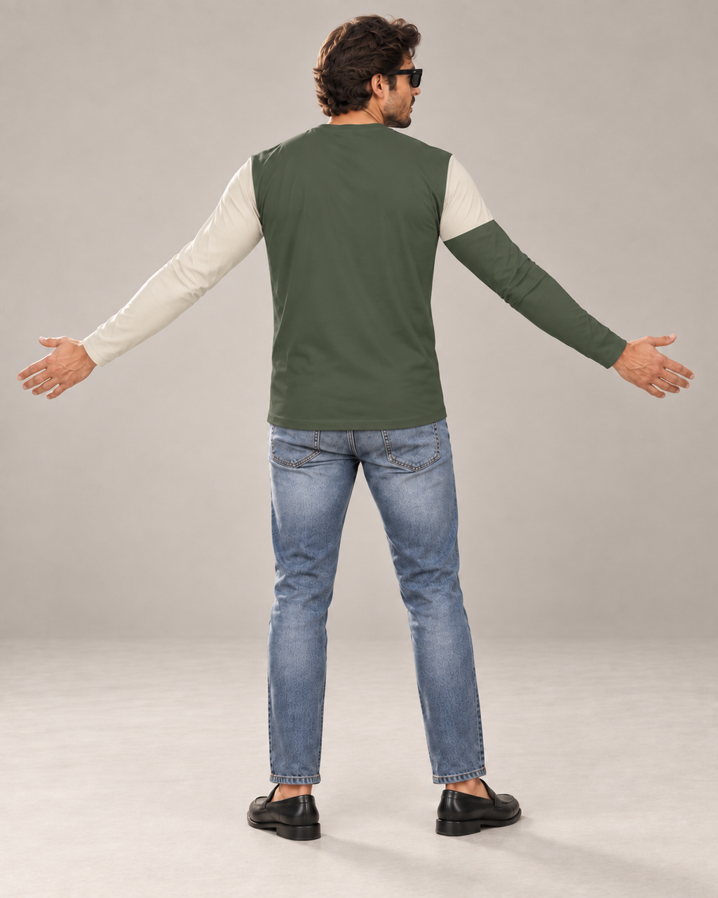 Urban Sage Luxury Bounce Cotton Long Sleeve T-Shirt by UNIKCOSA, back view with arms spread wide in a plain indoor studio — AI styling visual