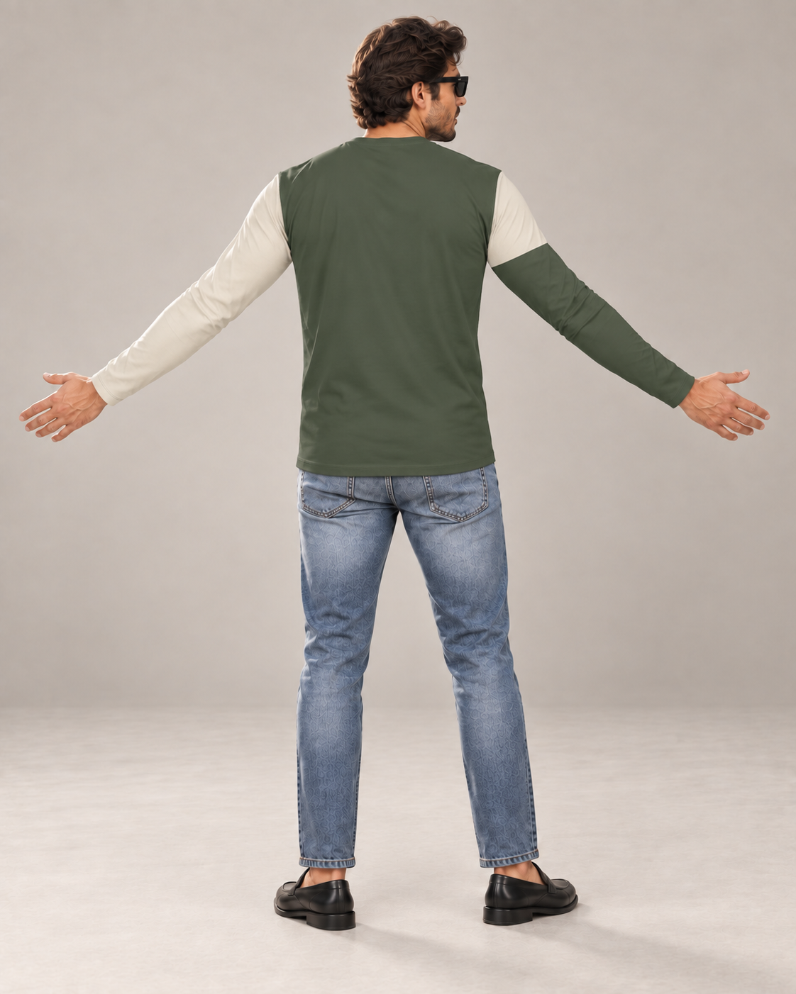 Urban Sage Luxury Bounce Cotton Long Sleeve T-Shirt by UNIKCOSA, back view with arms spread wide in a plain indoor studio — AI styling visual