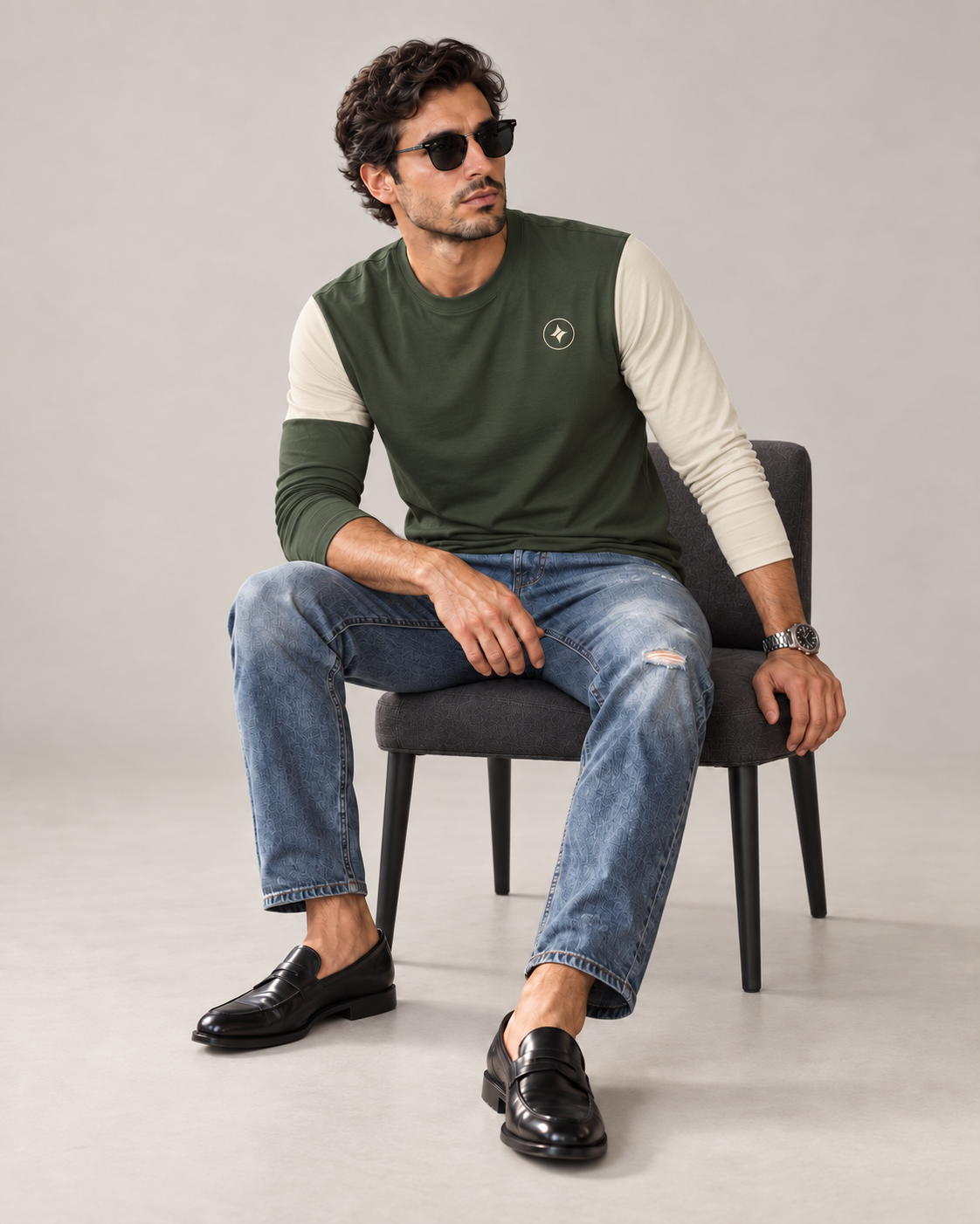 Urban Sage Luxury Bounce Cotton Long Sleeve T-Shirt by UNIKCOSA, seated with sleeves styled on a plain stone-grey background — AI styling visual