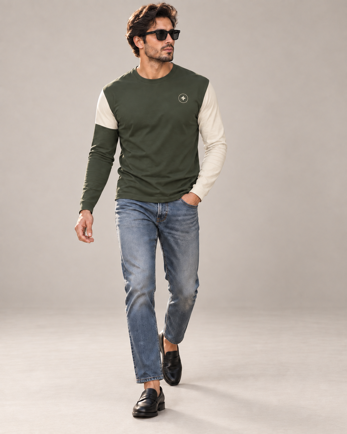 Urban Sage Luxury Bounce Cotton Long Sleeve T-Shirt by UNIKCOSA, walking in a plain indoor studio with straight jeans and black loafers — AI styling visual