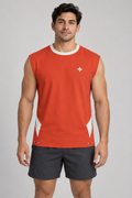 Vermilion Chalk sleeveless cotton T-shirt – front on-model styling illustration