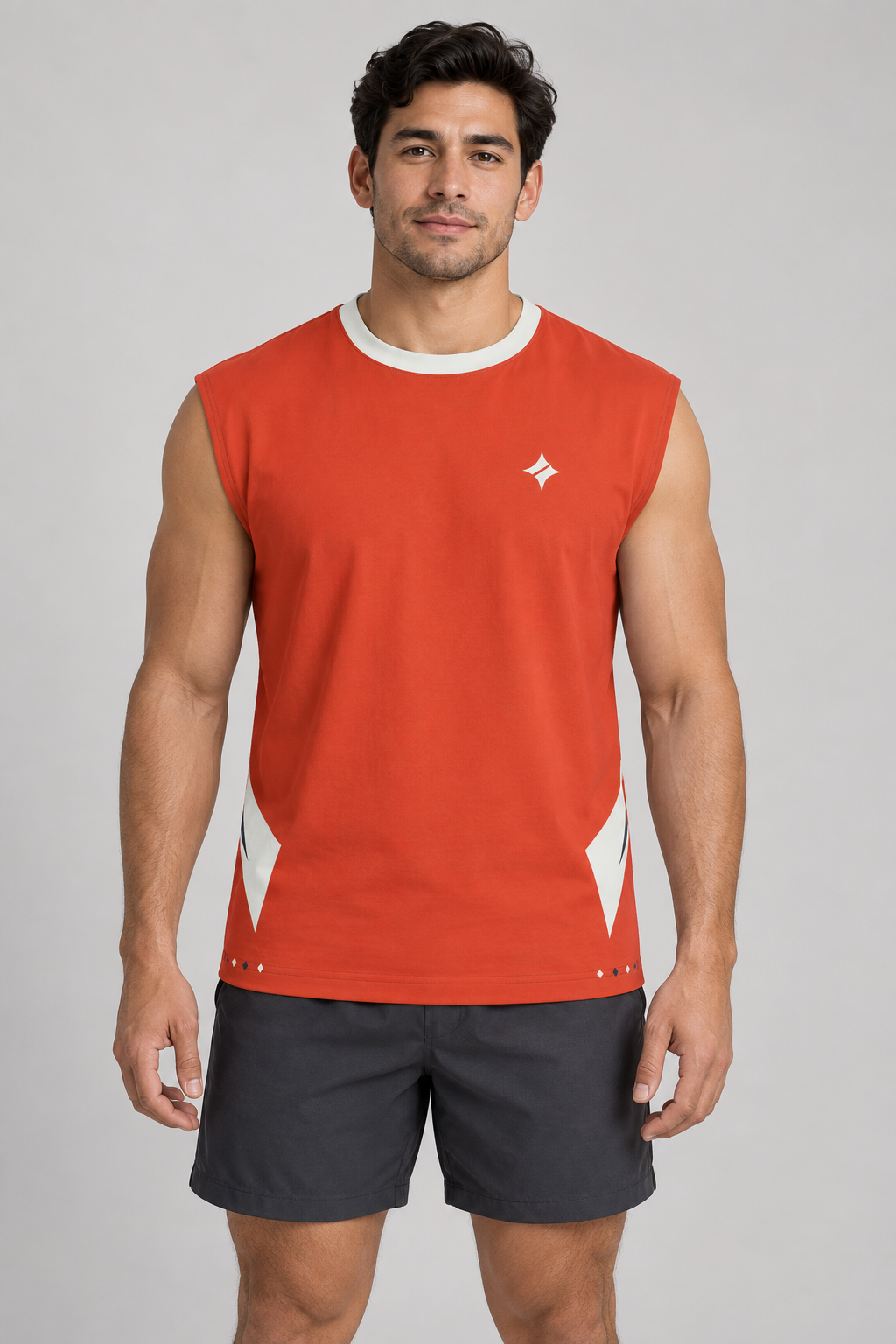 Vermilion Chalk sleeveless cotton T-shirt – front on-model styling illustration