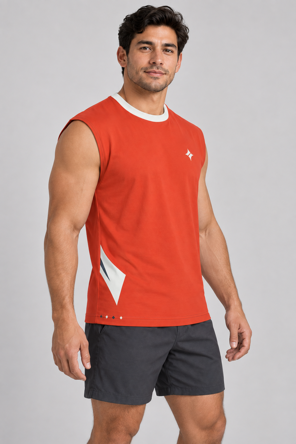 Vermilion Chalk sleeveless cotton T-shirt – side on-model styling illustration