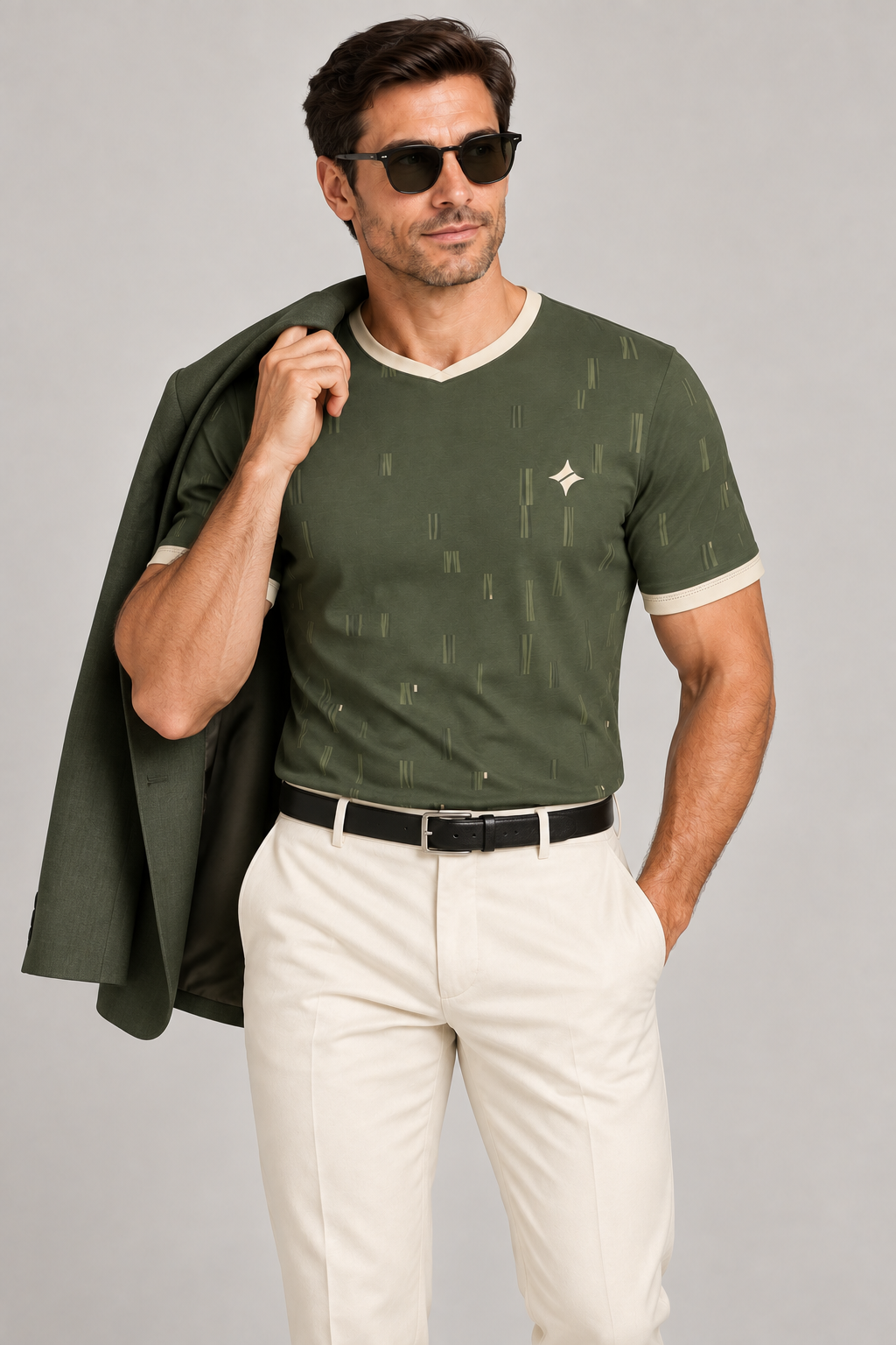 Olive Travertine V-Neck Cotton T-Shirt by UNIKCOSA — dressed-up styling; AI-generated styling illustration.