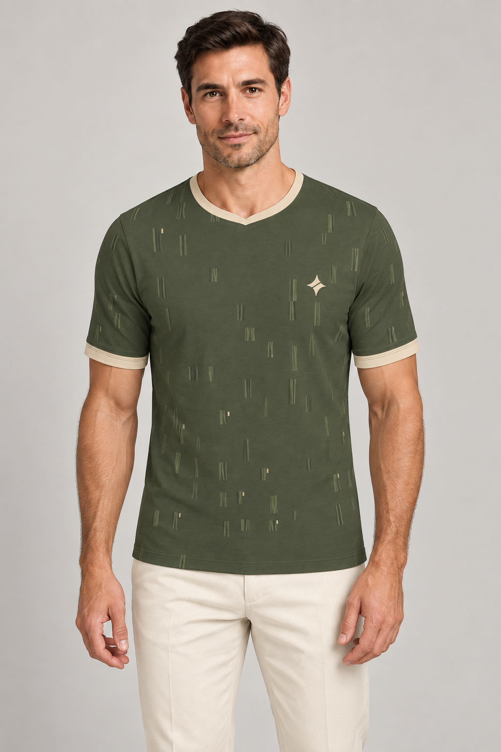 Olive Travertine V-Neck Cotton T-Shirt by UNIKCOSA — front styling; AI-generated styling illustration.