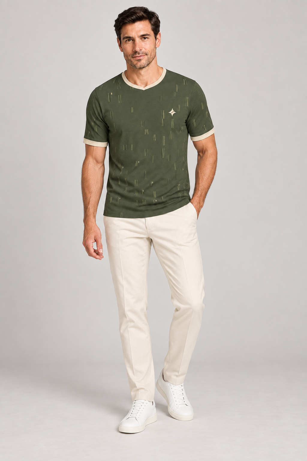 Olive Travertine V-Neck Cotton T-Shirt by UNIKCOSA — complete outfit; AI-generated styling illustration.