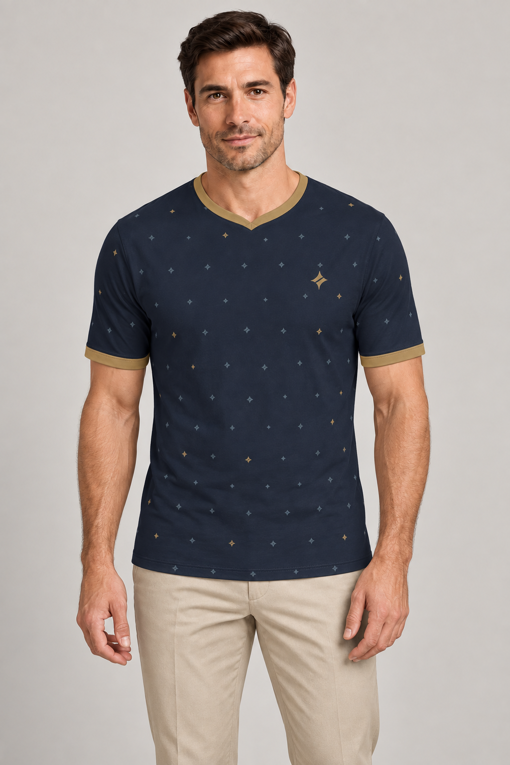 Midnight Brass Tessera V-Neck Cotton T-Shirt by UNIKCOSA — front styling; AI-generated styling illustration.