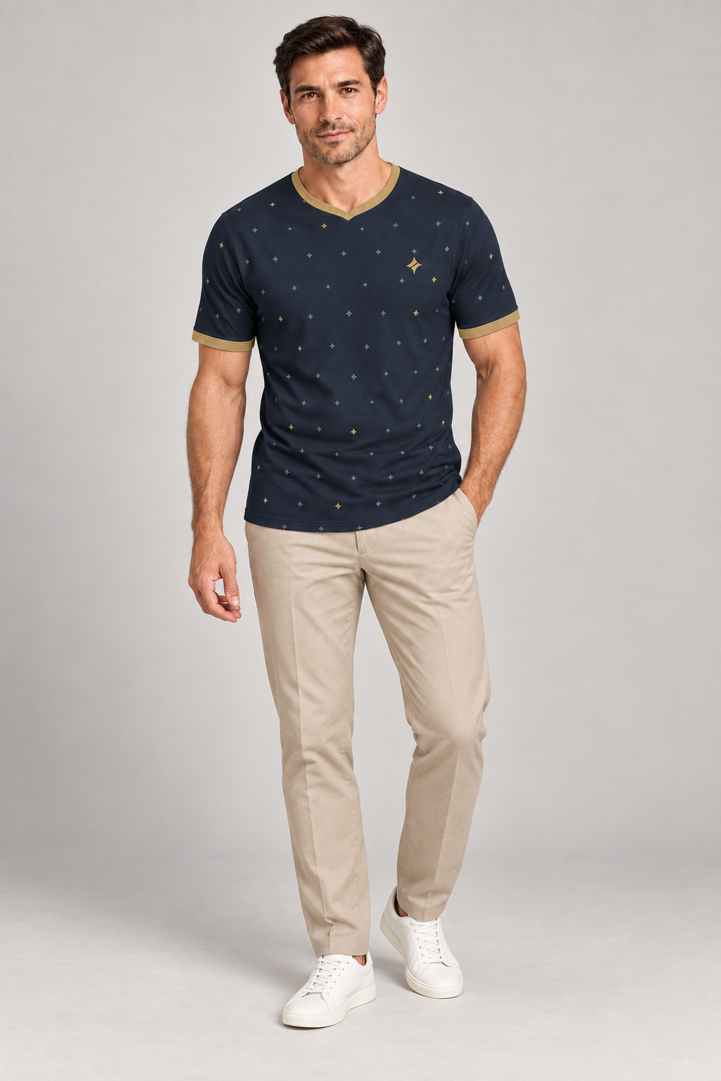Midnight Brass Tessera V-Neck Cotton T-Shirt by UNIKCOSA — complete outfit; AI-generated styling illustration.