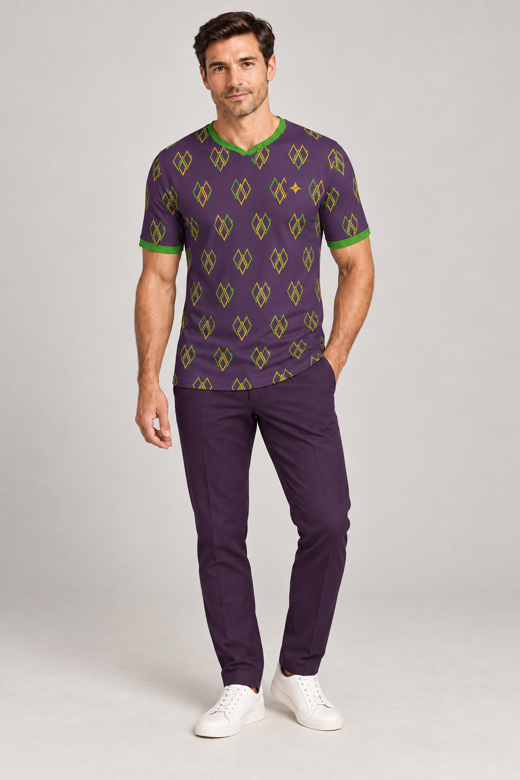 Imperial Lime V-Neck Cotton T-Shirt by UNIKCOSA — complete outfit; AI-generated styling illustration.