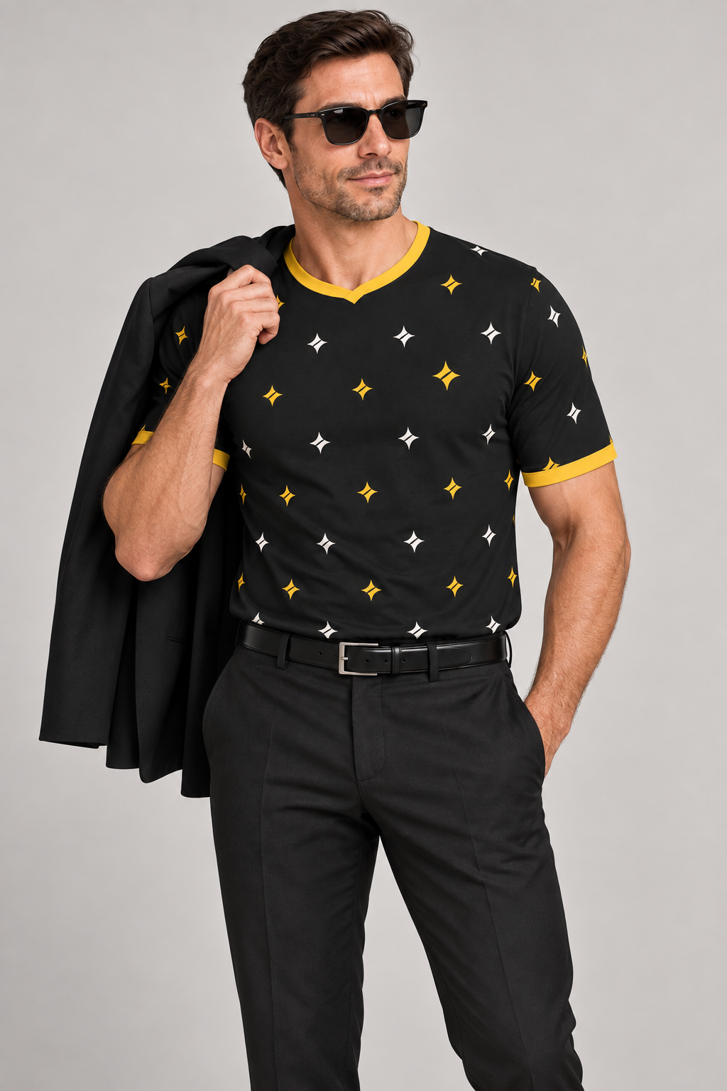 Black Marigold V-Neck Cotton T-Shirt by UNIKCOSA — dressed-up styling; AI-generated styling illustration.