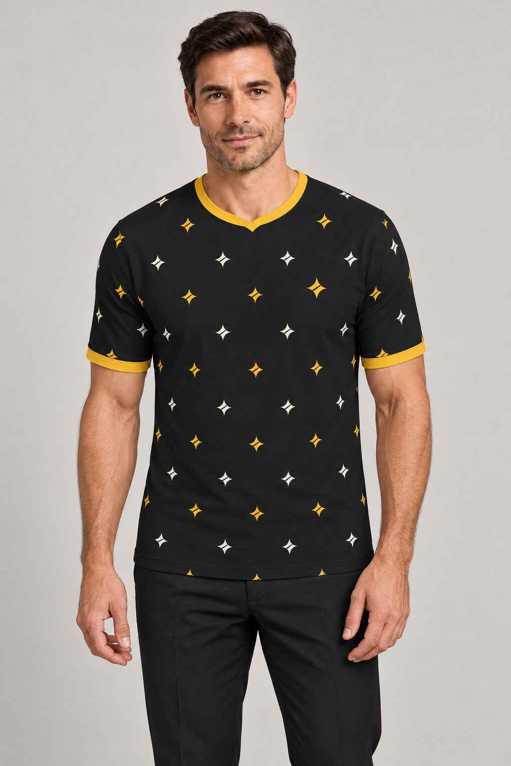 Black Marigold V-Neck Cotton T-Shirt by UNIKCOSA — front styling; AI-generated styling illustration.
