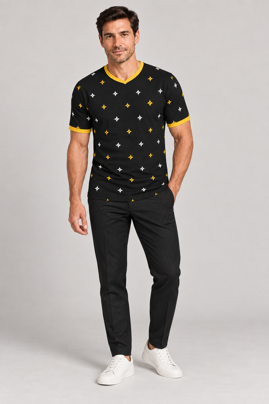 Black Marigold V-Neck Cotton T-Shirt by UNIKCOSA — complete outfit; AI-generated styling illustration.