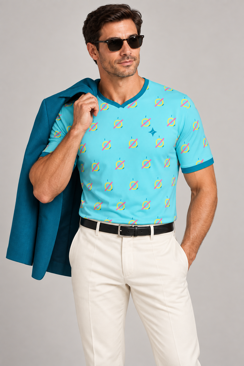 Aqua Pop Atelier V-Neck Cotton T-Shirt by UNIKCOSA — dressed-up styling; AI-generated styling illustration.