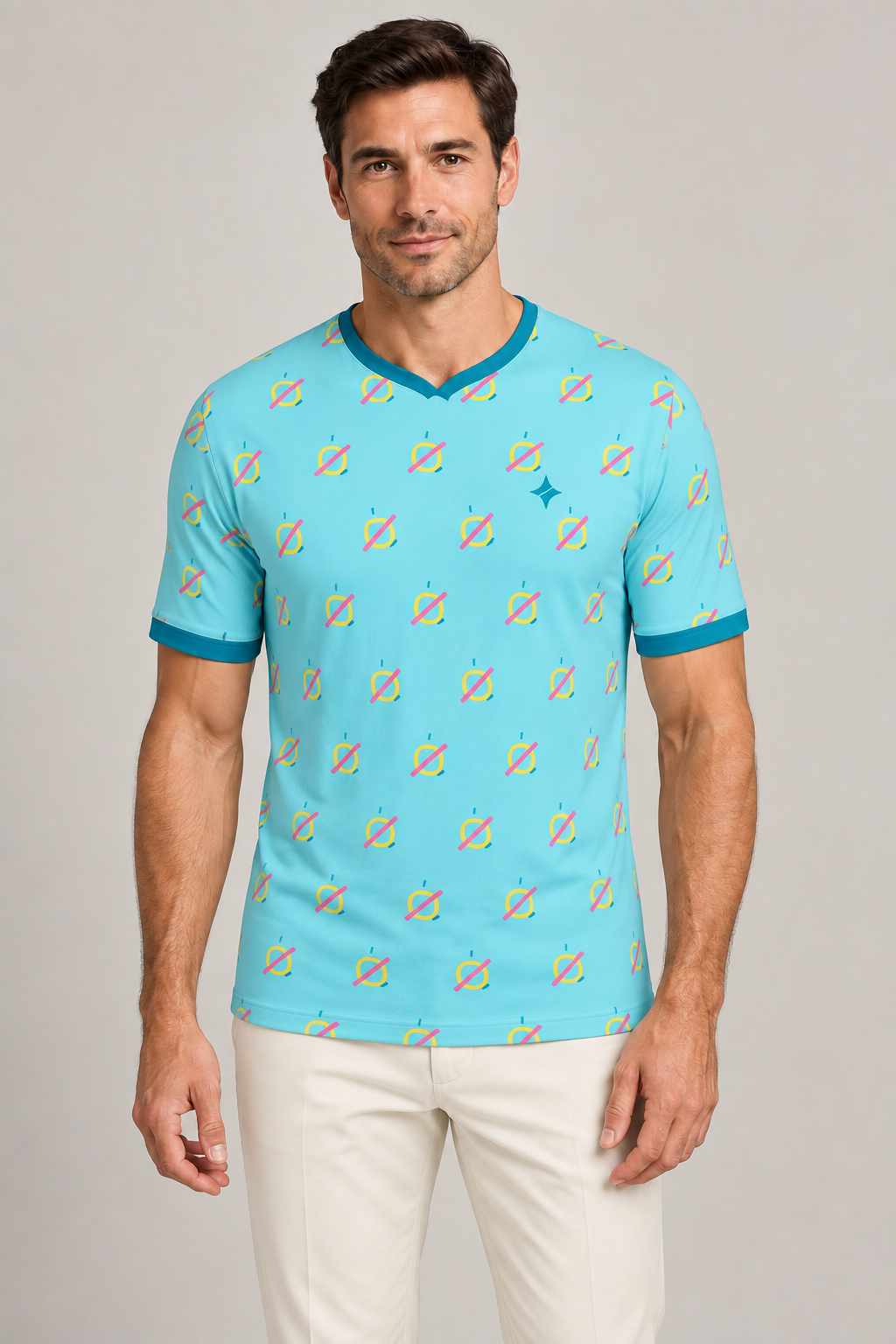 Aqua Pop Atelier V-Neck Cotton T-Shirt by UNIKCOSA — front styling; AI-generated styling illustration.