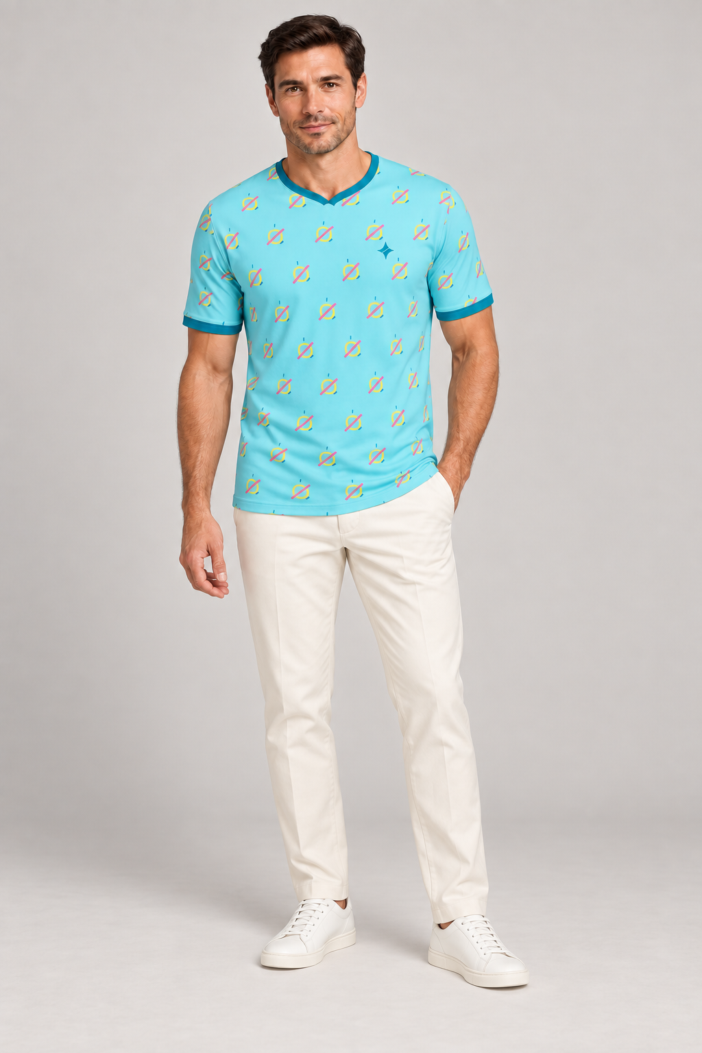 Aqua Pop Atelier V-Neck Cotton T-Shirt by UNIKCOSA — complete outfit; AI-generated styling illustration.