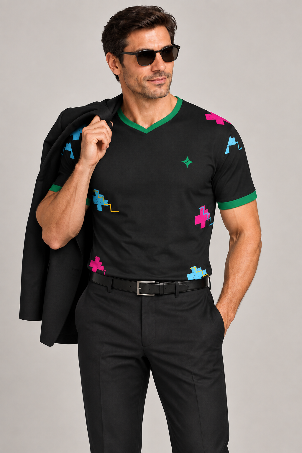 Chromatic Onyx V-Neck Cotton T-Shirt by UNIKCOSA — dressed-up styling; AI-generated styling illustration.
