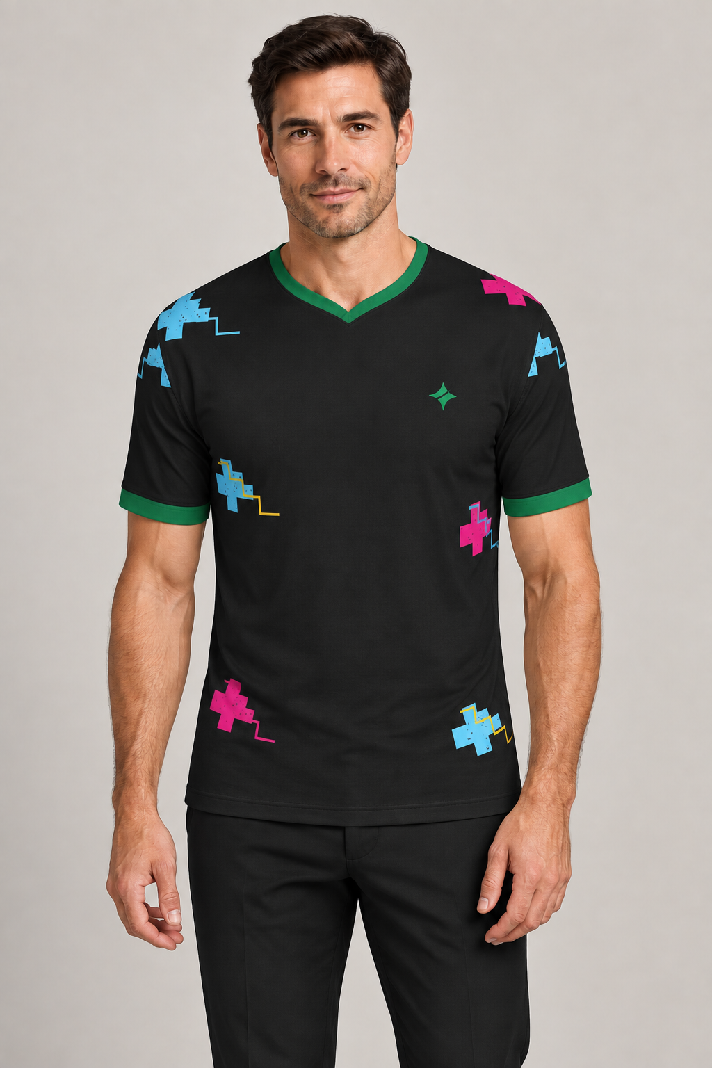 Chromatic Onyx V-Neck Cotton T-Shirt by UNIKCOSA — front styling; AI-generated styling illustration.