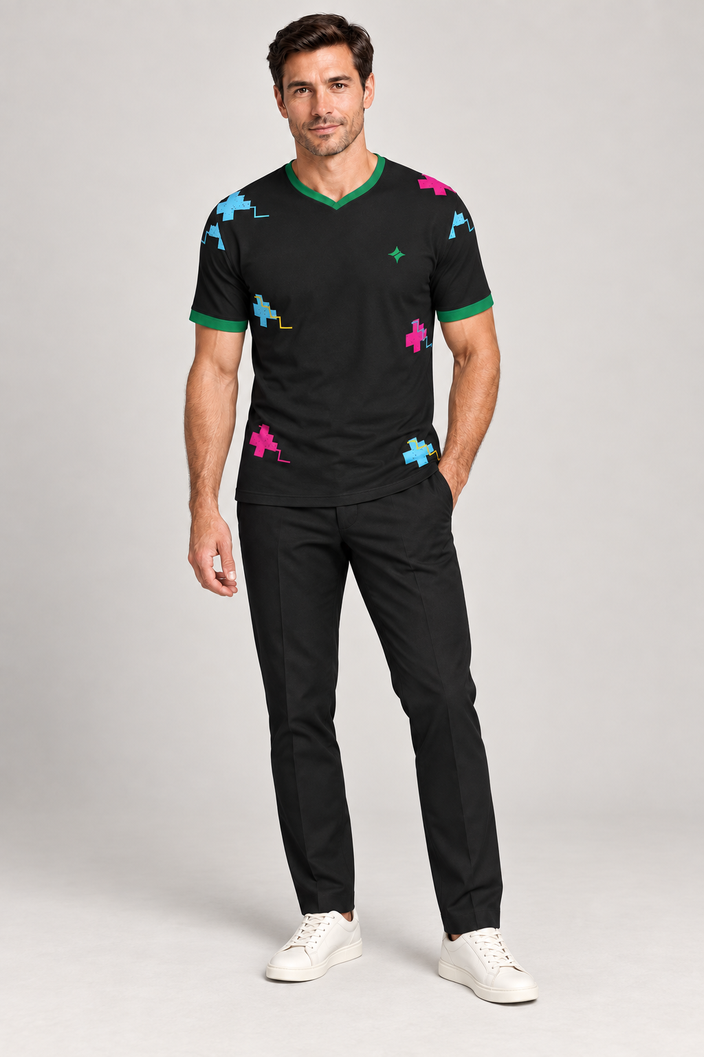 Chromatic Onyx V-Neck Cotton T-Shirt by UNIKCOSA — complete outfit; AI-generated styling illustration.