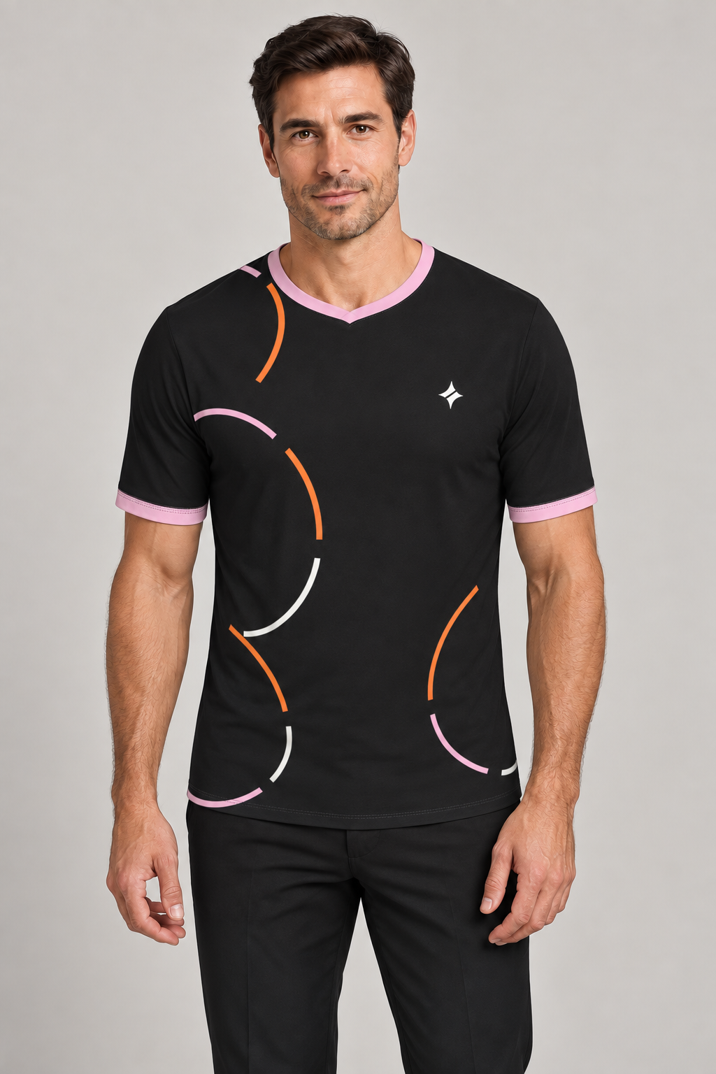 Pink Ember Contrast V-Neck Cotton T-Shirt by UNIKCOSA — front styling; AI-generated styling illustration.