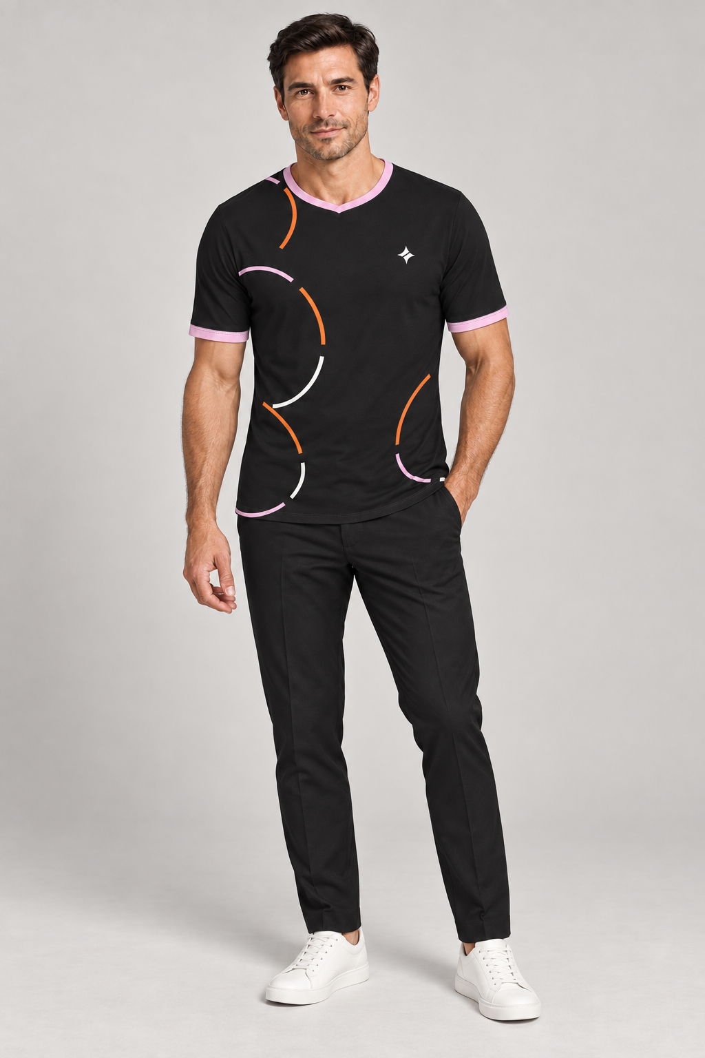 Pink Ember Contrast V-Neck Cotton T-Shirt by UNIKCOSA — complete outfit; AI-generated styling illustration.