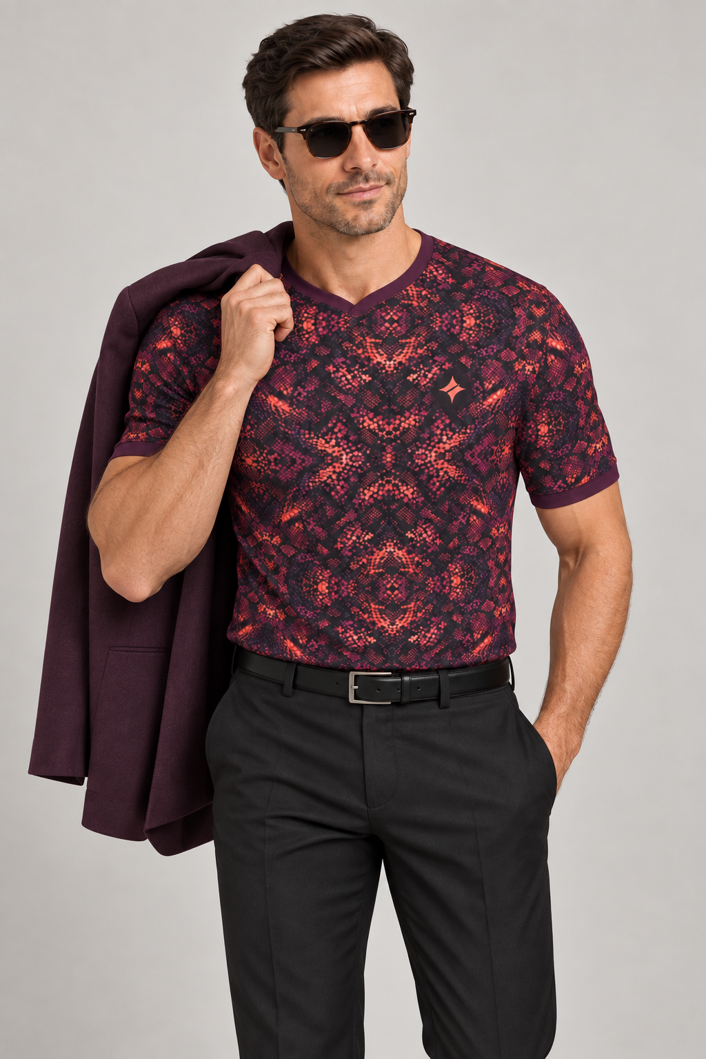 Coral Aubergine Night V-Neck Cotton T-Shirt by UNIKCOSA — dressed-up styling; AI-generated styling illustration.