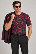 Coral Aubergine Night V-Neck Cotton T-Shirt by UNIKCOSA — dressed-up styling; AI-generated styling illustration.