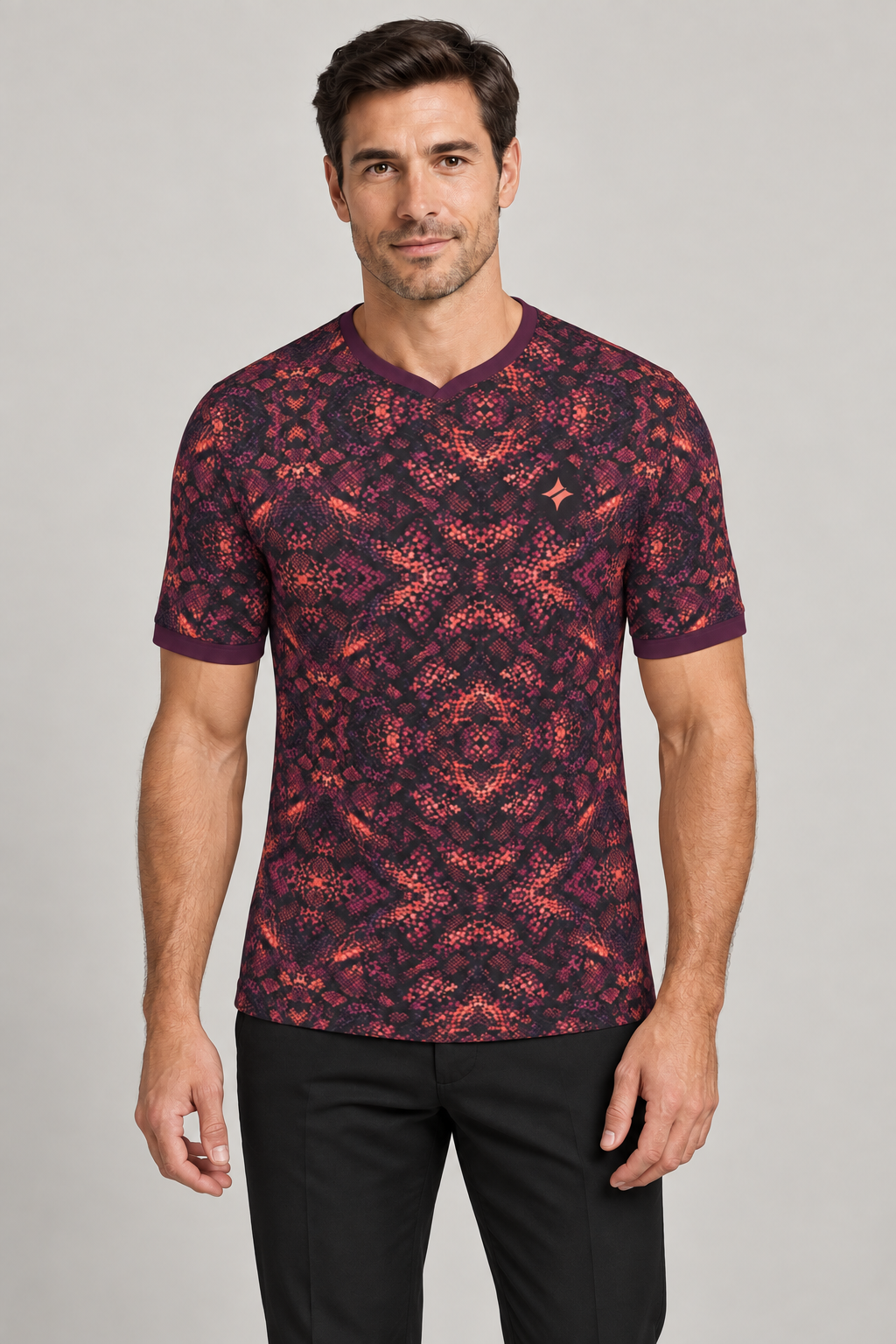 Coral Aubergine Night V-Neck Cotton T-Shirt by UNIKCOSA — front styling; AI-generated styling illustration.