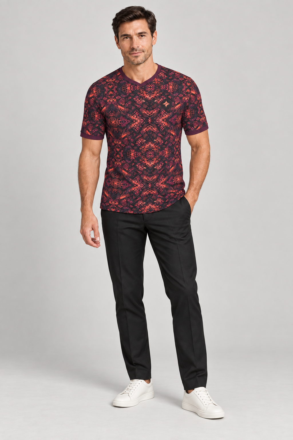 Coral Aubergine Night V-Neck Cotton T-Shirt by UNIKCOSA — complete outfit; AI-generated styling illustration.