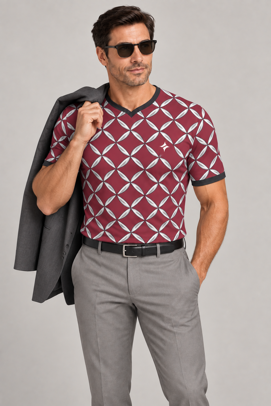 Raspberry Silver Rhythm V-Neck Cotton T-Shirt by UNIKCOSA — dressed-up styling; AI-generated styling illustration.