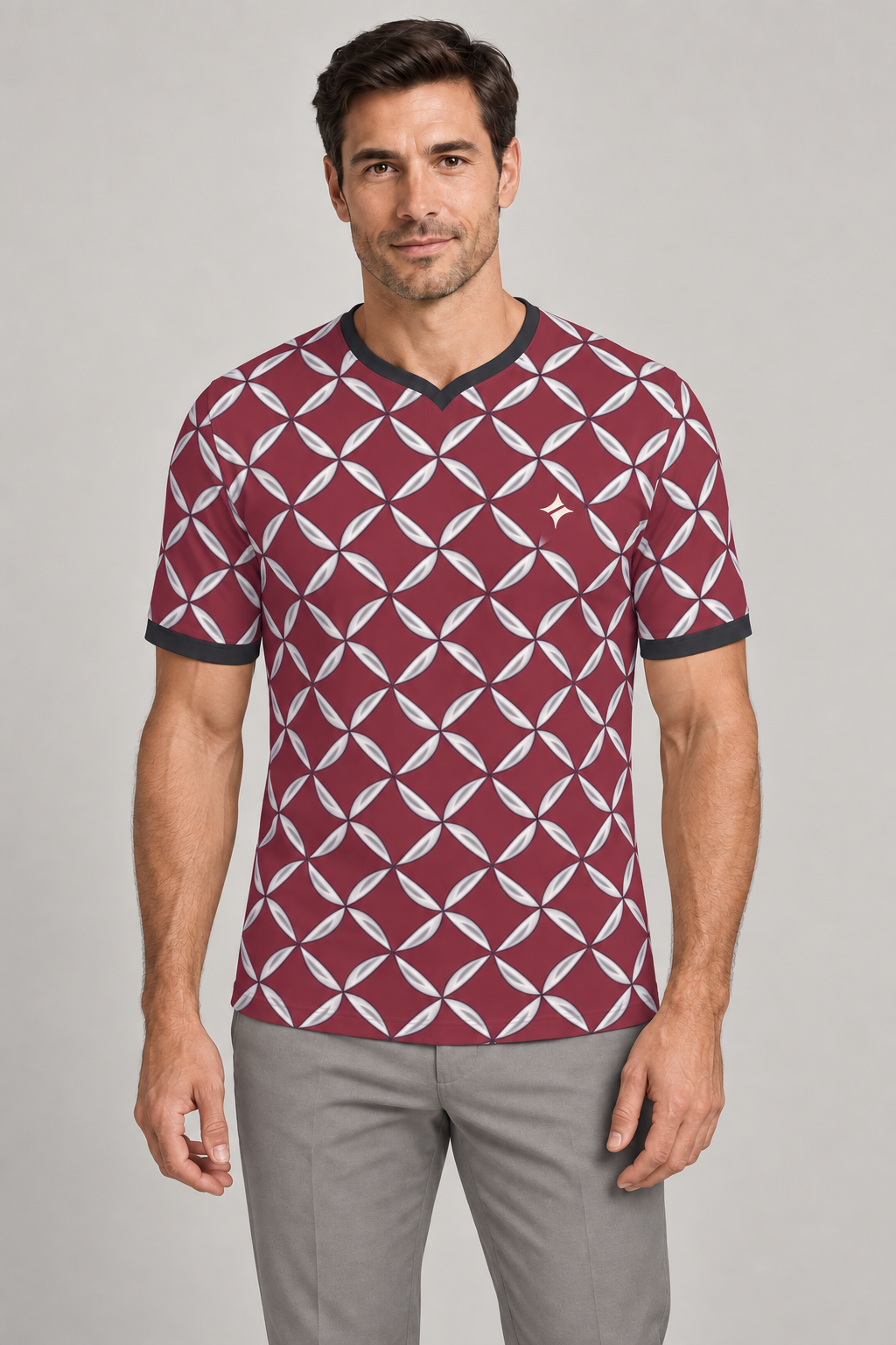 Raspberry Silver Rhythm V-Neck Cotton T-Shirt by UNIKCOSA — front styling; AI-generated styling illustration.