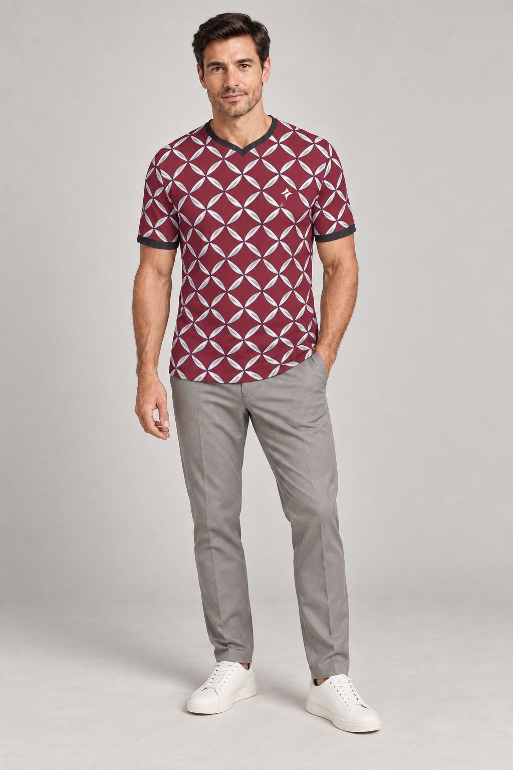 Raspberry Silver Rhythm V-Neck Cotton T-Shirt by UNIKCOSA — complete outfit; AI-generated styling illustration.