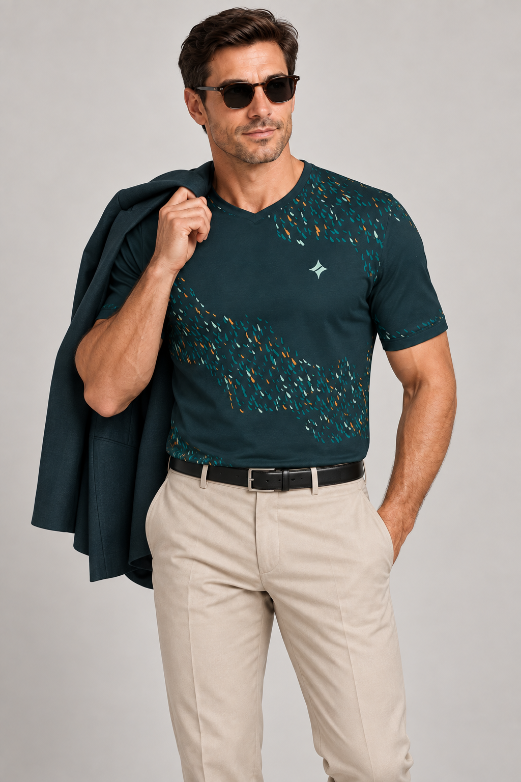 Petrol Copper Nocturne V-Neck Cotton T-Shirt by UNIKCOSA — dressed-up styling; AI-generated styling illustration.
