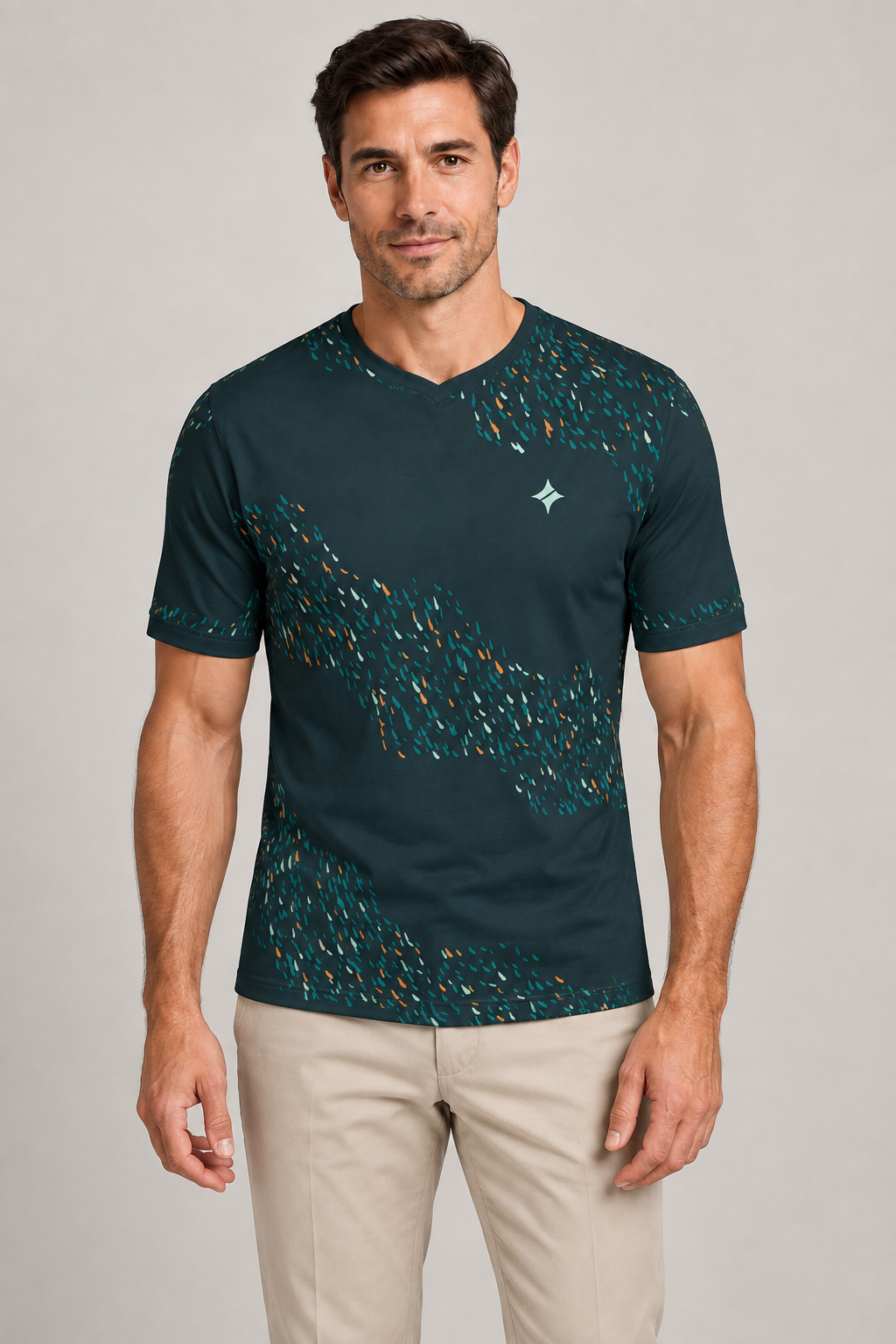 Petrol Copper Nocturne V-Neck Cotton T-Shirt by UNIKCOSA — front styling; AI-generated styling illustration.