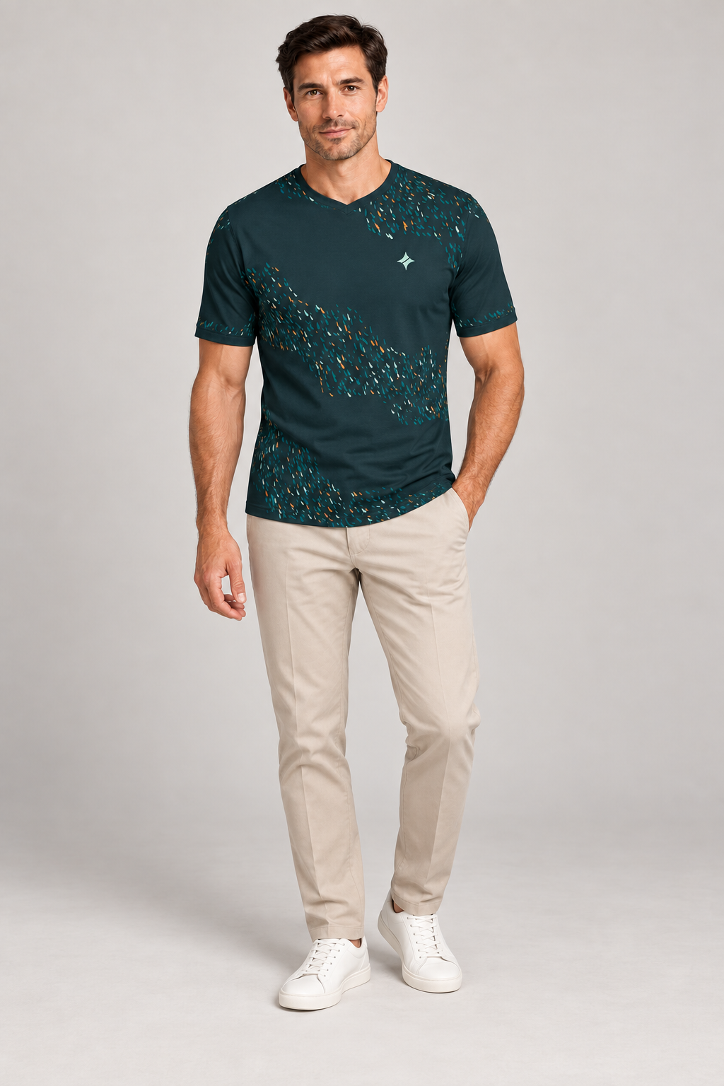 Petrol Copper Nocturne V-Neck Cotton T-Shirt by UNIKCOSA — complete outfit; AI-generated styling illustration.