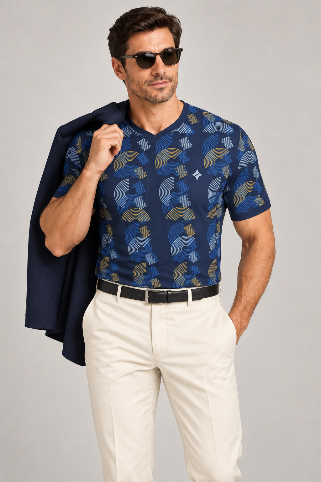 Indigo Citrine Eclipse V-Neck Cotton T-Shirt by UNIKCOSA — dressed-up styling; AI-generated styling illustration.