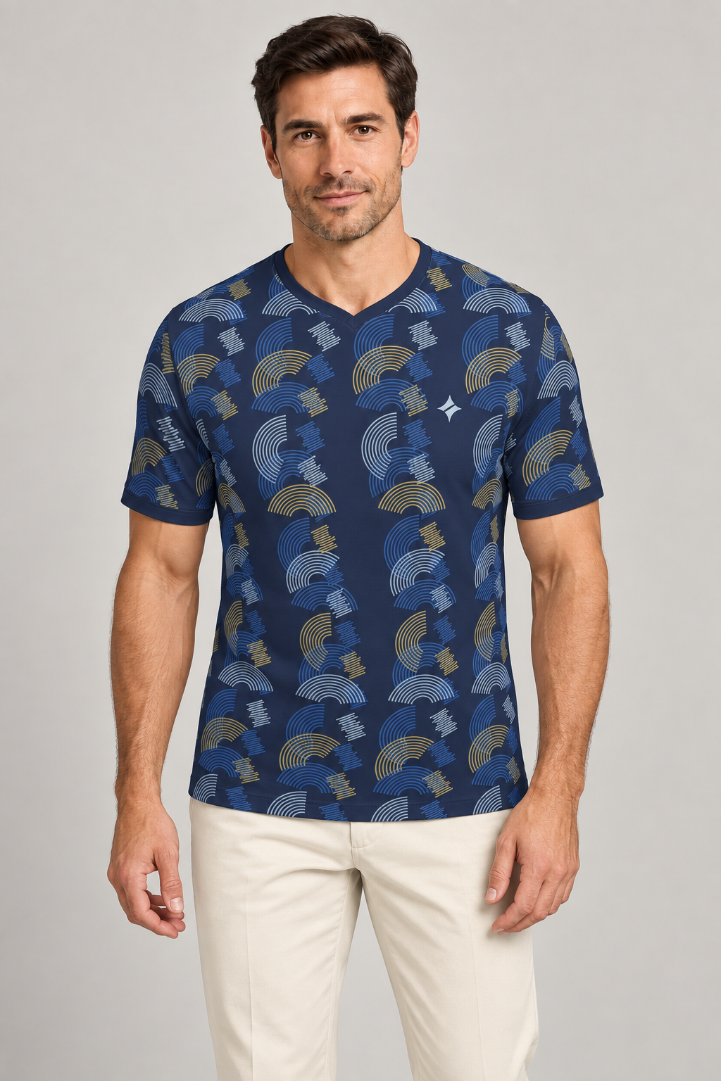 Indigo Citrine Eclipse V-Neck Cotton T-Shirt by UNIKCOSA — front styling; AI-generated styling illustration.