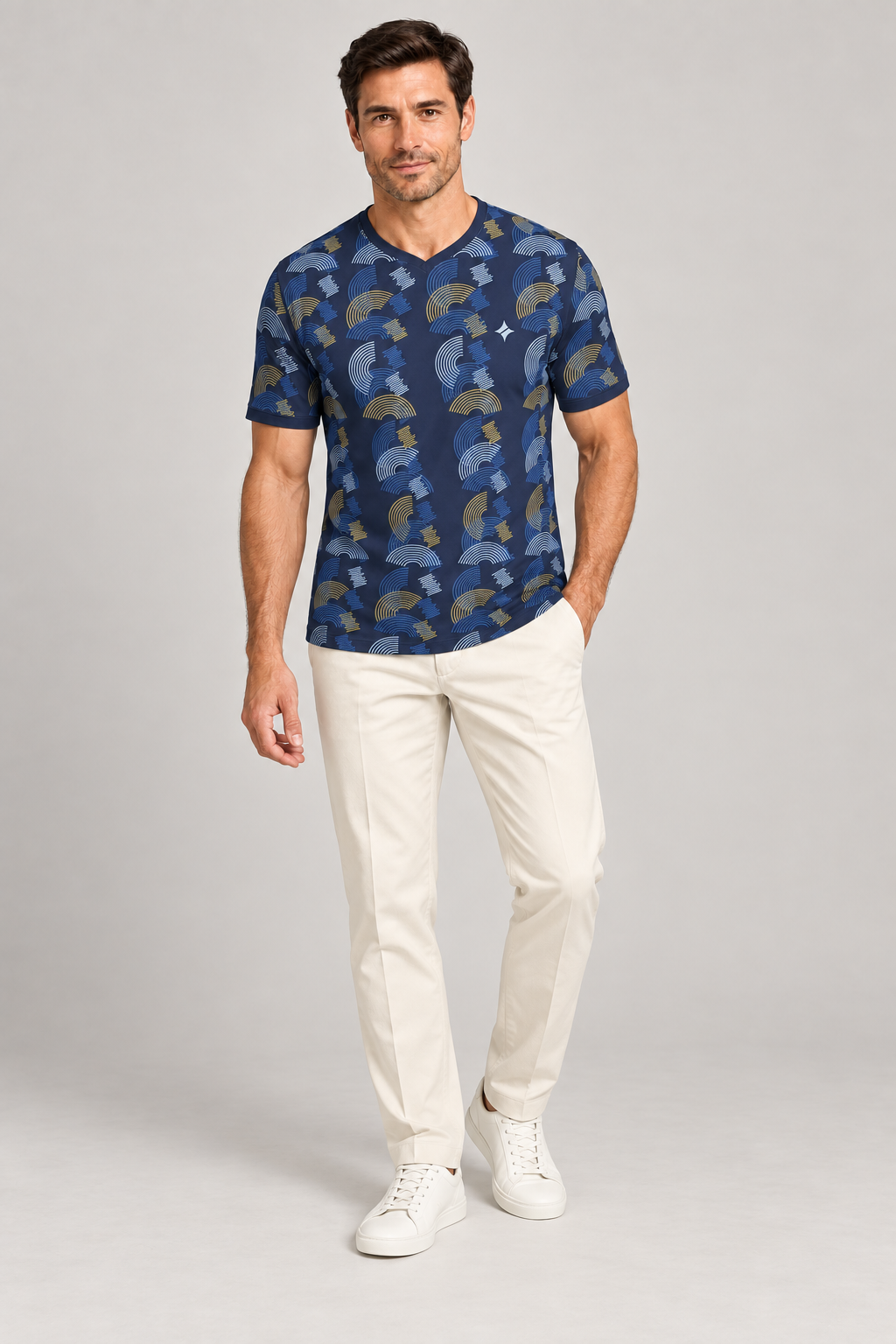 Indigo Citrine Eclipse V-Neck Cotton T-Shirt by UNIKCOSA — complete outfit; AI-generated styling illustration.