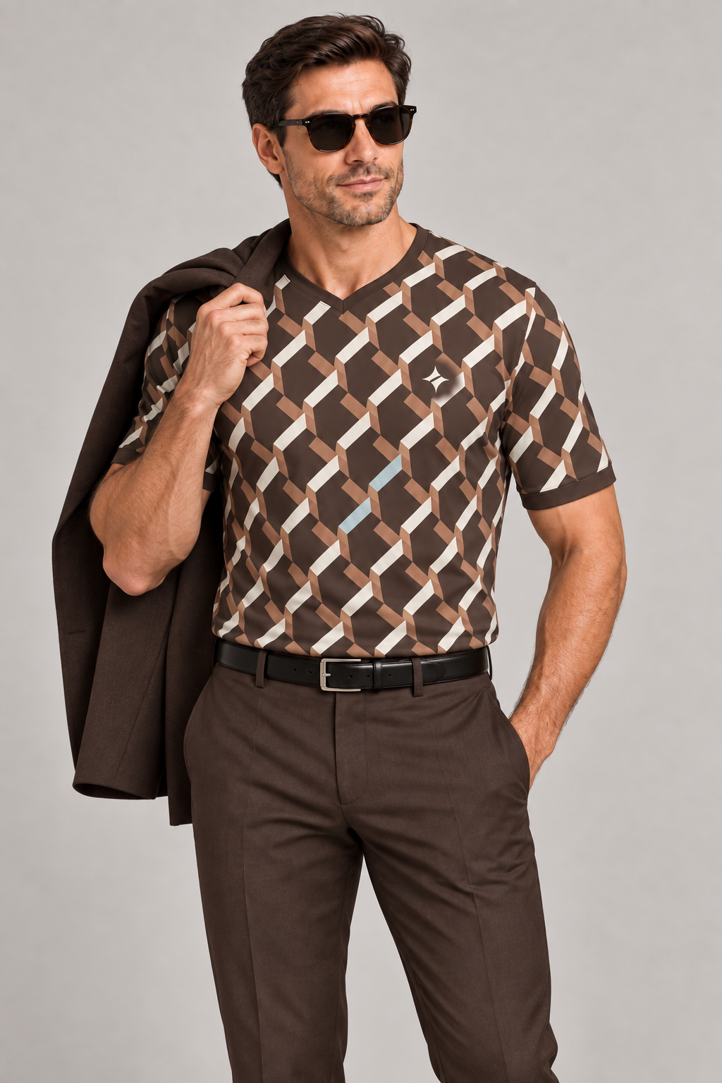 Cacao Pearl Intarsia V-Neck Cotton T-Shirt by UNIKCOSA — dressed-up styling; AI-generated styling illustration.