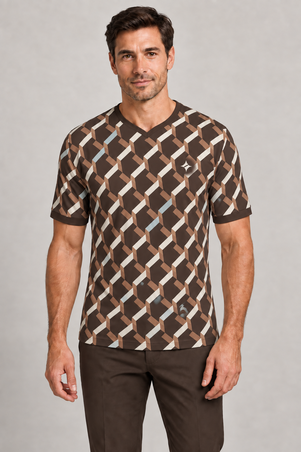 Cacao Pearl Intarsia V-Neck Cotton T-Shirt by UNIKCOSA — front styling; AI-generated styling illustration.
