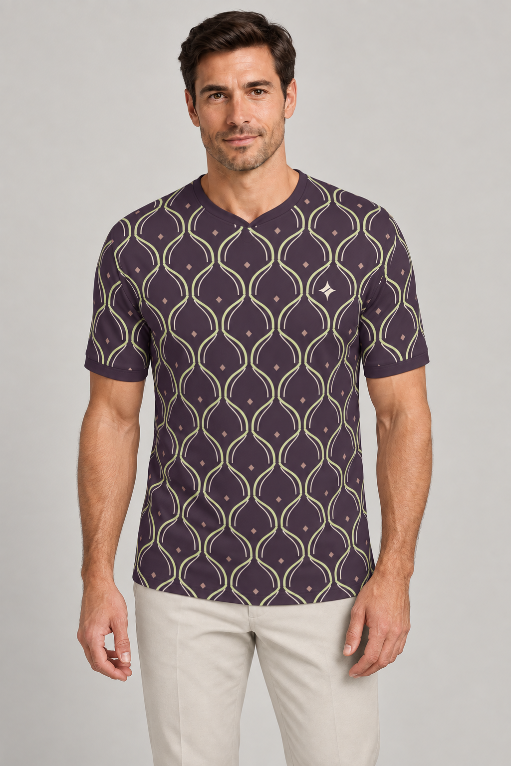 Aubergine Pistachio Arcade V-Neck Cotton T-Shirt by UNIKCOSA — front styling; AI-generated styling illustration.