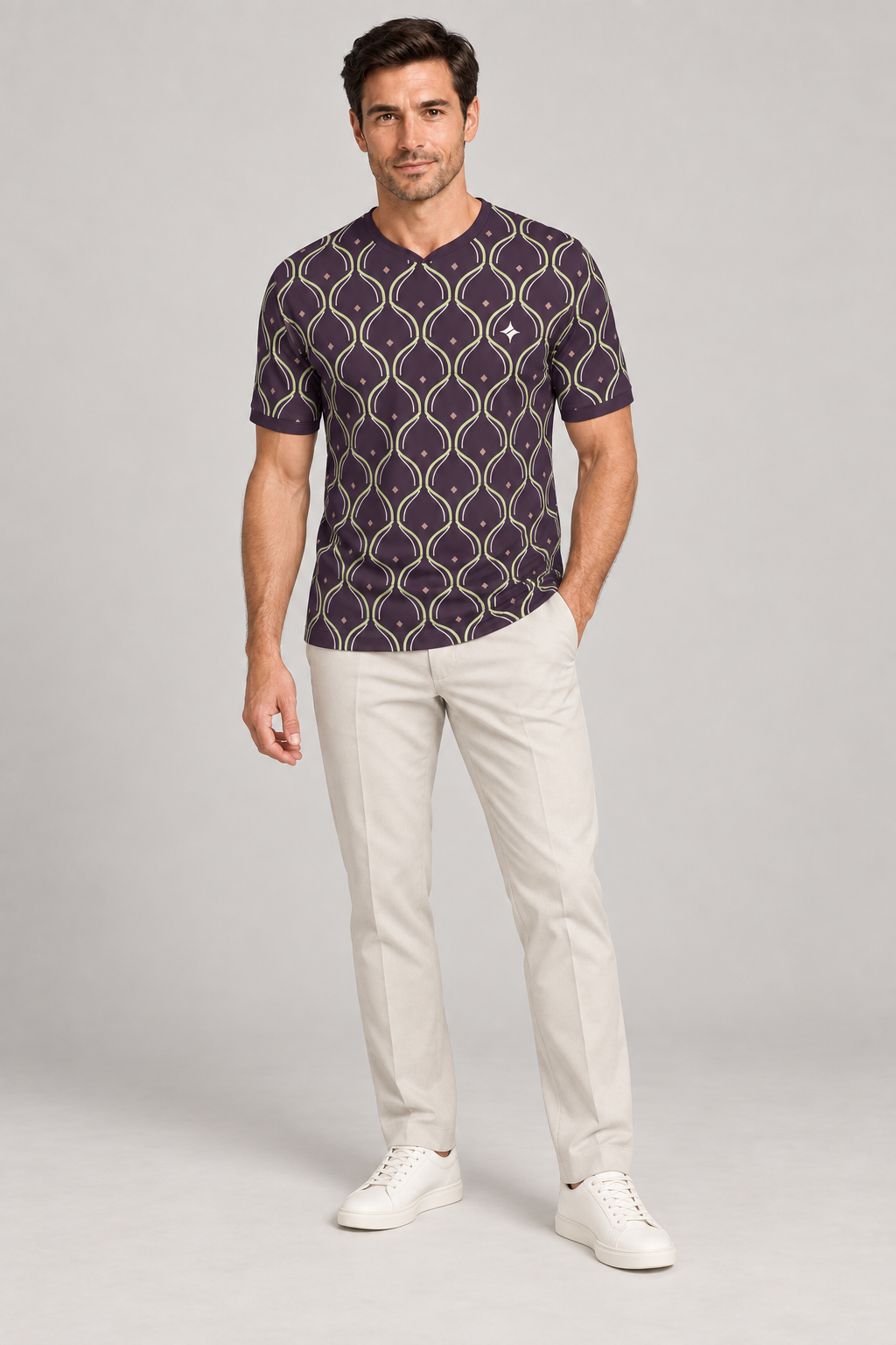 Aubergine Pistachio Arcade V-Neck Cotton T-Shirt by UNIKCOSA — complete outfit; AI-generated styling illustration.