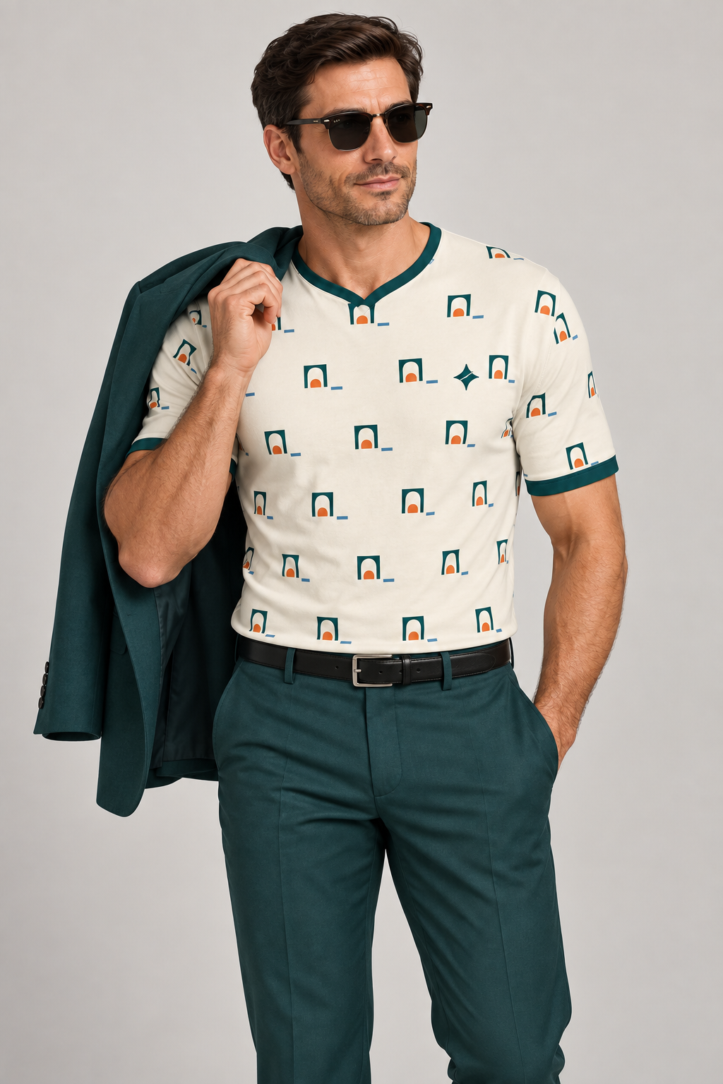 Pearl Mandarin Portico V-Neck Cotton T-Shirt by UNIKCOSA — dressed-up styling; AI-generated styling illustration.
