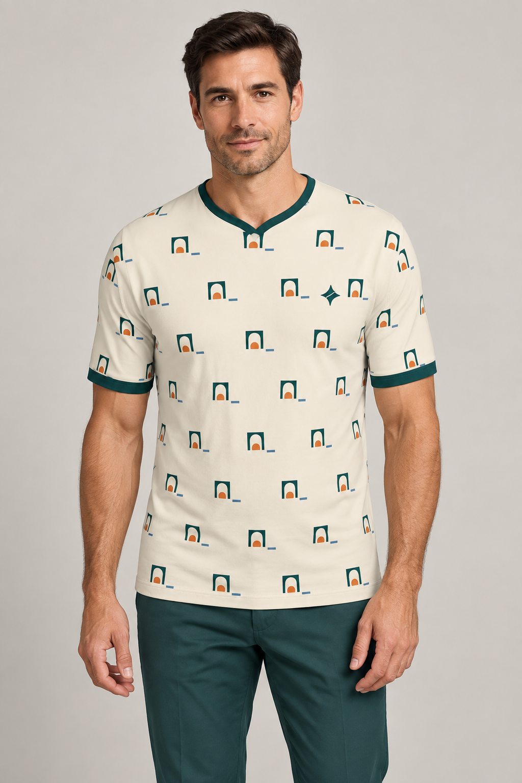 Pearl Mandarin Portico V-Neck Cotton T-Shirt by UNIKCOSA — front styling; AI-generated styling illustration.