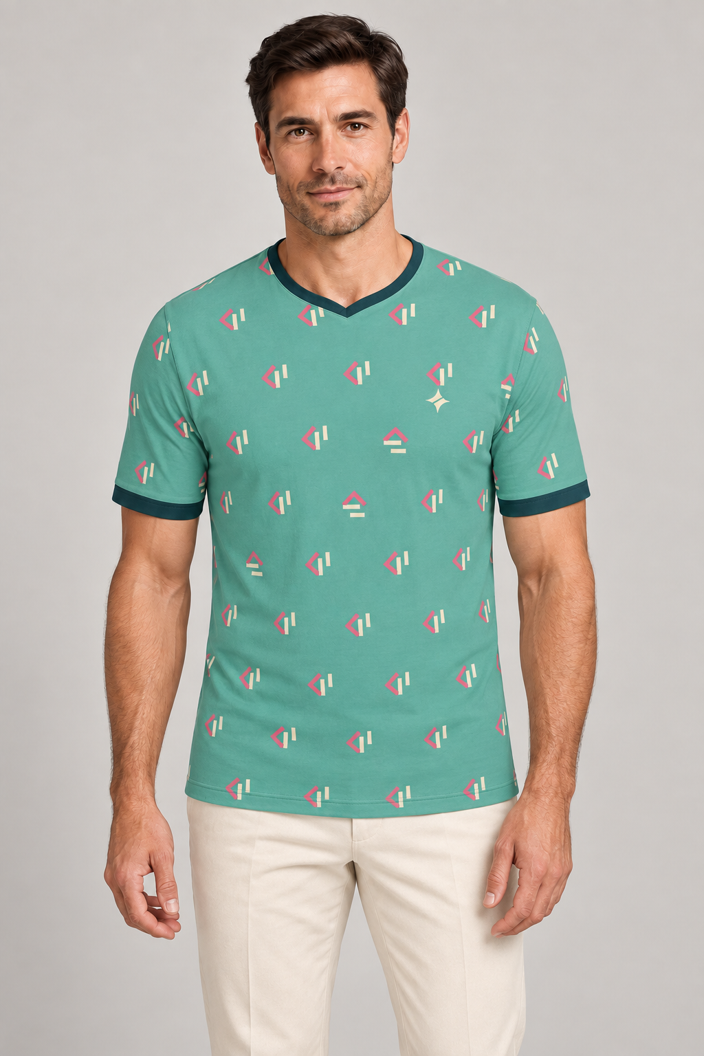 Jade Rose Quartz Tempo V-Neck Cotton T-Shirt by UNIKCOSA — front styling; AI-generated styling illustration.