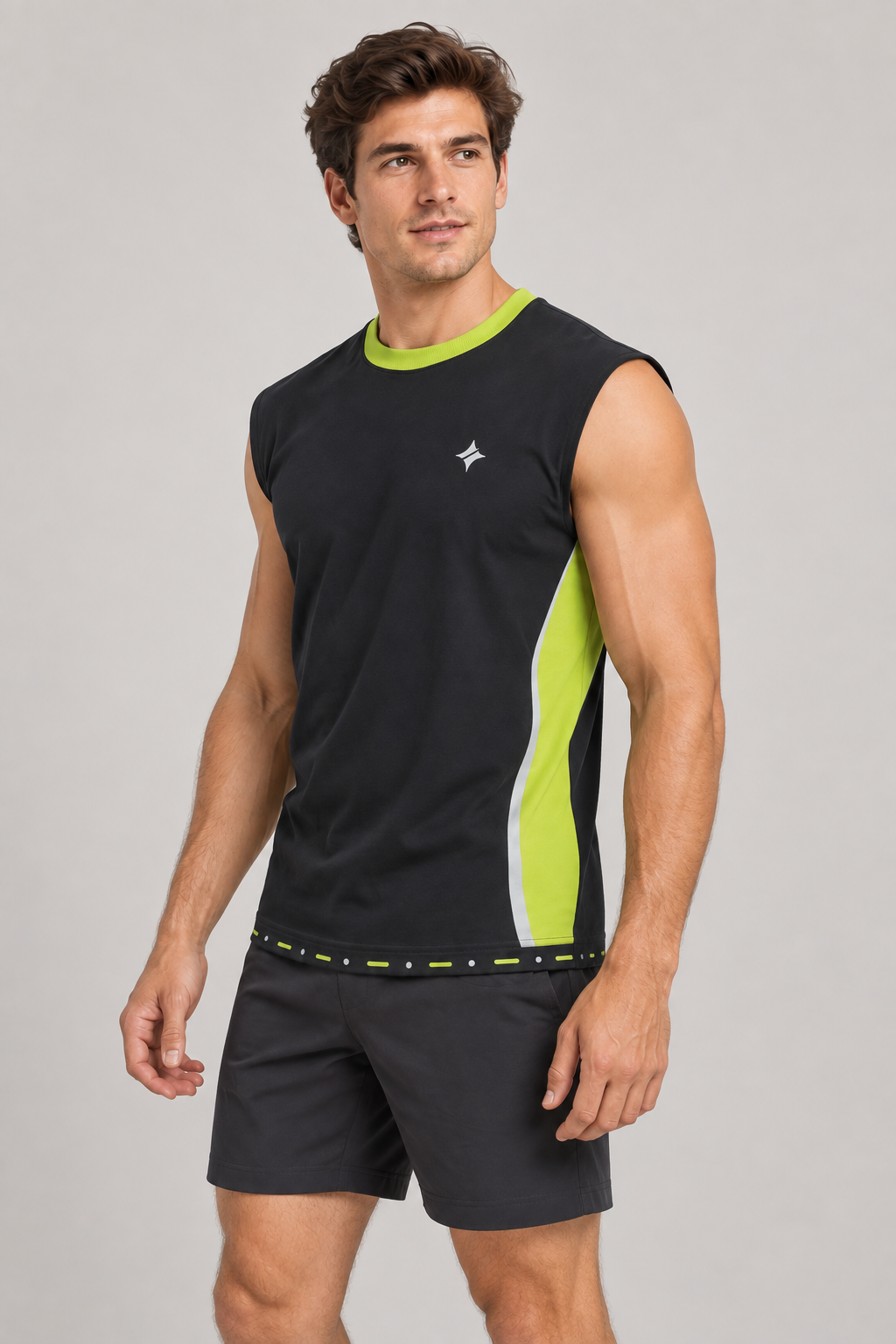 Volt Ash sleeveless cotton T-shirt – side on-model styling illustration