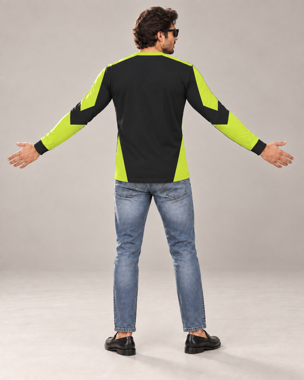 Volt Matrix Luxury Bounce Cotton Long Sleeve T-Shirt by UNIKCOSA — rear view with both arms spread wide in a plain indoor studio — AI styling visual