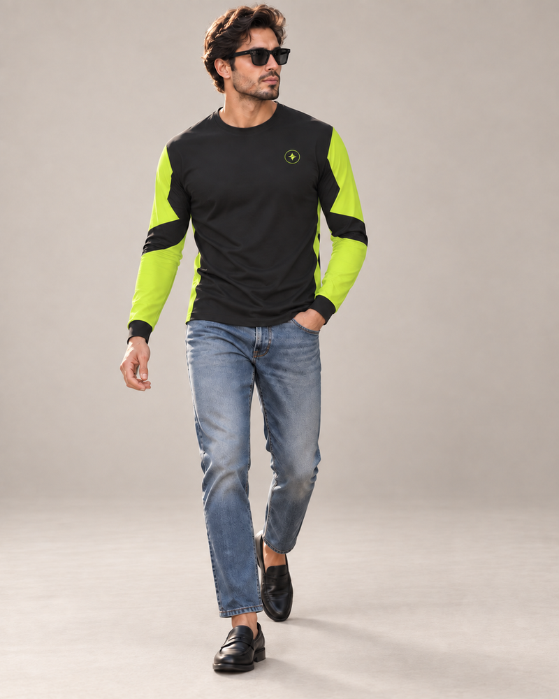 Volt Matrix Luxury Bounce Cotton Long Sleeve T-Shirt by UNIKCOSA — walking in a plain indoor studio — AI styling visual