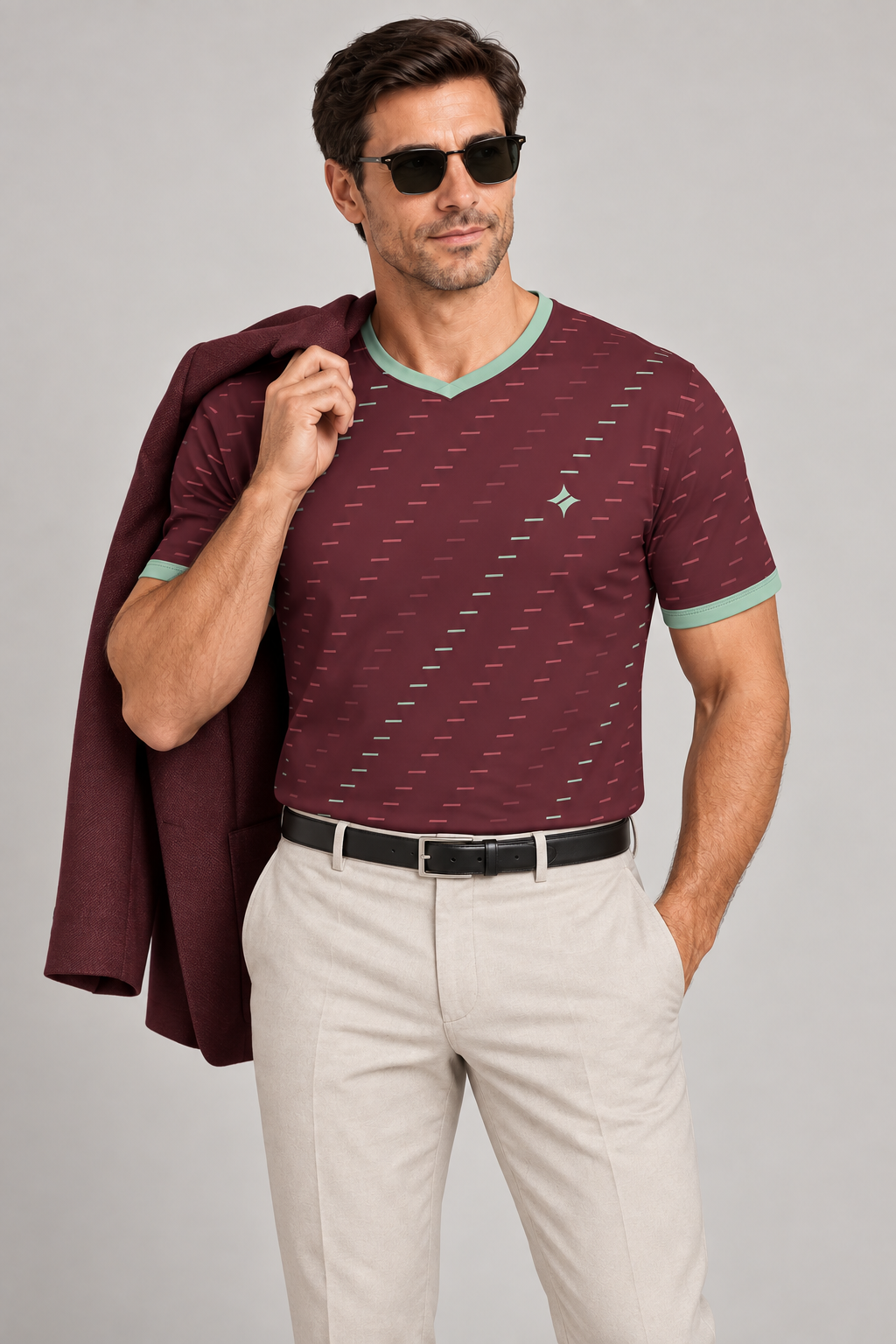 Oxblood Celadon Loom V-Neck Cotton T-Shirt by UNIKCOSA — dressed-up styling; AI-generated styling illustration.