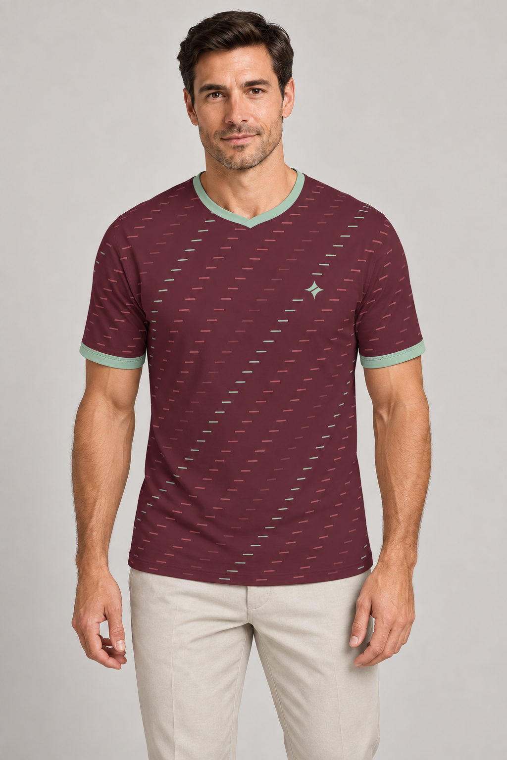 Oxblood Celadon Loom V-Neck Cotton T-Shirt by UNIKCOSA — front styling; AI-generated styling illustration.